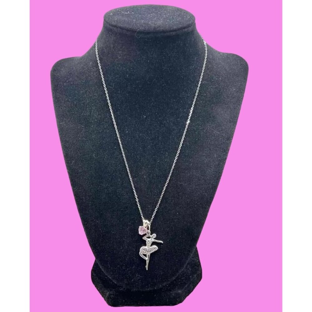 Sterling Silver Ballerina Necklace 17" Heart Shape Pink Crystal & Chain 7596